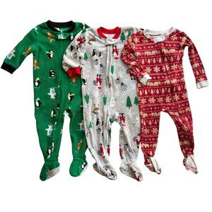 3 Pair Baby Footed Fleece Pajamas Christmas Holiday Winter Zip 12M Warm Sleep